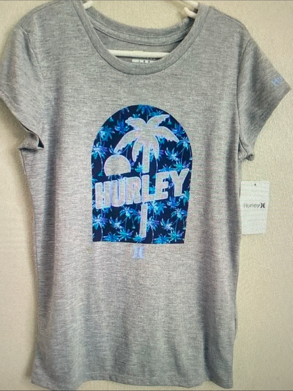 Hurley Heather Gray Tee with Blue Palm Graphic